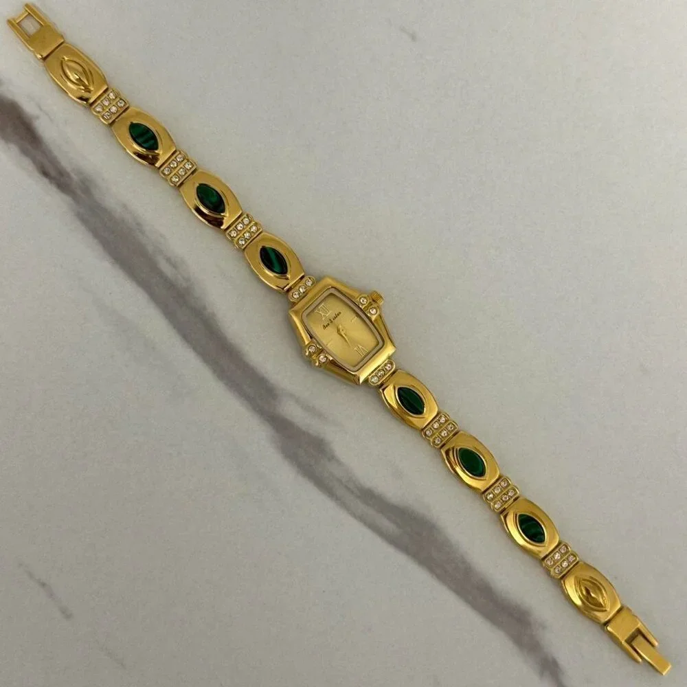 SKU0071Casual Gold Green Gemstones Women Fashion Watch‎ stainless steel+gift bag